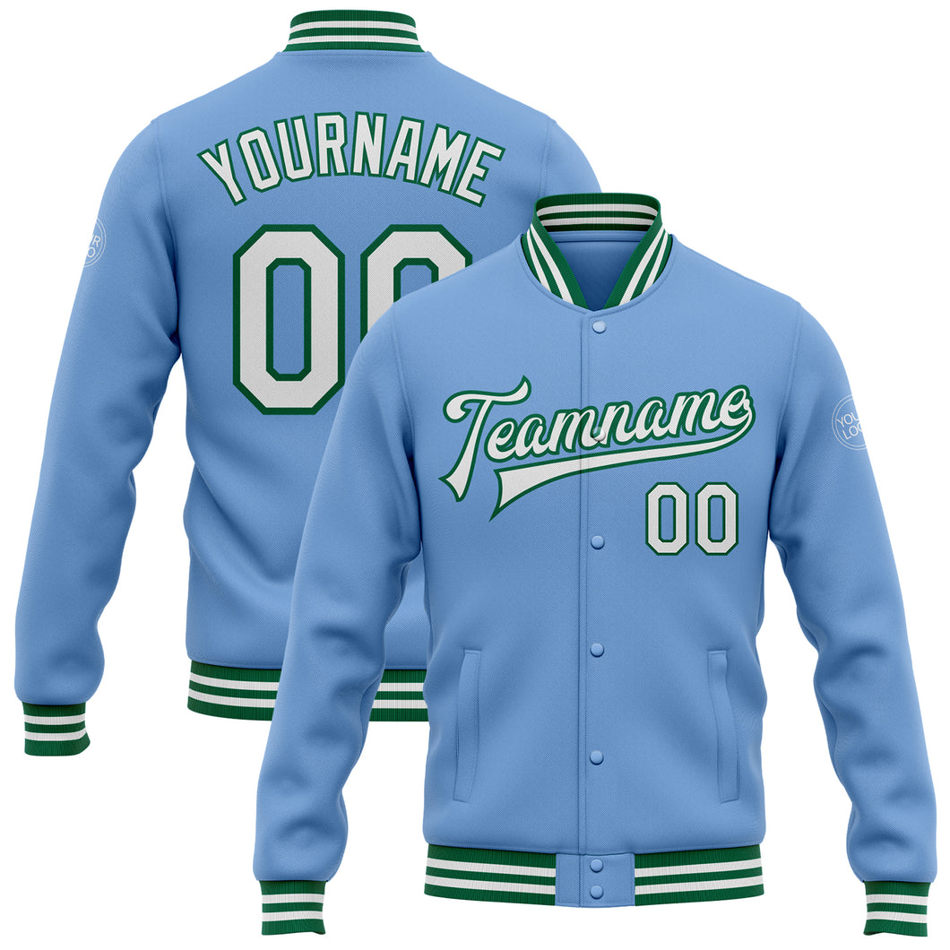 Custom Light Blue White-Kelly Green Bomber Full-Snap Varsity Letterman Jacket