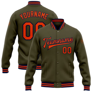 Custom Olive Orange-Navy Bomber Full-Snap Varsity Letterman Salute To Service Jacket