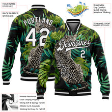 Load image into Gallery viewer, Custom Black White Leopard And Tropical Palm Plants 3D Bomber Full-Snap Varsity Letterman Jacket
