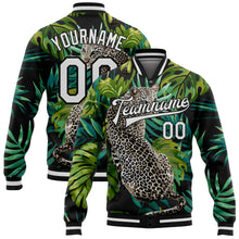 Load image into Gallery viewer, Custom Black White Leopard And Tropical Palm Plants 3D Bomber Full-Snap Varsity Letterman Jacket
