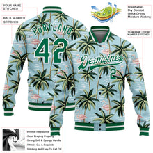 Load image into Gallery viewer, Custom Lakes Blue Kelly Green-White Flamingo And Tropical Hawaii Palm Tree 3D Bomber Full-Snap Varsity Letterman Jacket
