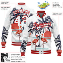 Load image into Gallery viewer, Custom White Red Flamingo And Tropical Hawaii Palm Tree 3D Bomber Full-Snap Varsity Letterman Jacket
