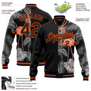 Custom Black Orange-Gray Flamingo And Tropical Hawaii Palm Plants 3D Bomber Full-Snap Varsity Letterman Jacket