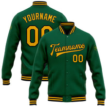 Load image into Gallery viewer, Custom Kelly Green Gold-Black Bomber Full-Snap Varsity Letterman Jacket
