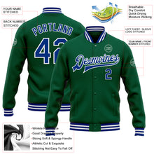 Load image into Gallery viewer, Custom Kelly Green Royal-White Bomber Full-Snap Varsity Letterman Jacket
