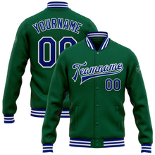 Load image into Gallery viewer, Custom Kelly Green Royal-White Bomber Full-Snap Varsity Letterman Jacket
