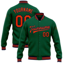 Load image into Gallery viewer, Custom Kelly Green Orange-Navy Bomber Full-Snap Varsity Letterman Jacket
