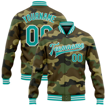 Custom Camo Aqua-White Bomber Full-Snap Varsity Letterman Salute To Service Jacket