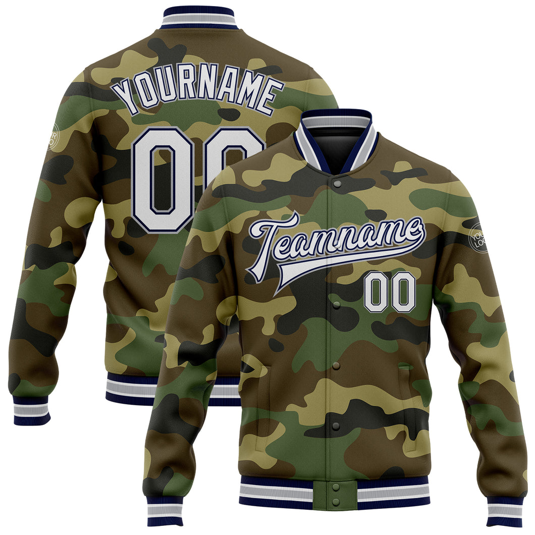 Custom Camo White Navy-Gray Bomber Full-Snap Varsity Letterman Salute To Service Jacket