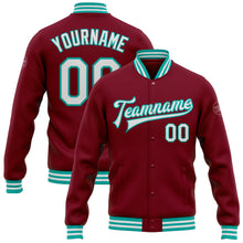 Load image into Gallery viewer, Custom Crimson White-Aqua Bomber Full-Snap Varsity Letterman Jacket
