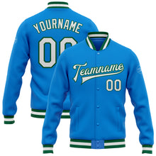 Load image into Gallery viewer, Custom Powder Blue White-Kelly Green Bomber Full-Snap Varsity Letterman Jacket
