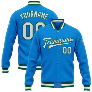 Custom Powder Blue White-Kelly Green Bomber Full-Snap Varsity Letterman Jacket