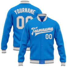 Load image into Gallery viewer, Custom Powder Blue White-Gray Bomber Full-Snap Varsity Letterman Jacket
