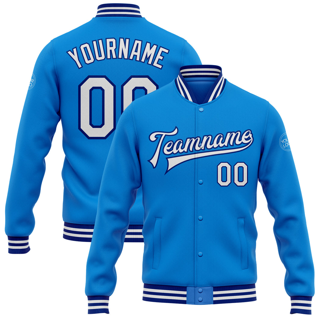 Custom Powder Blue White-Royal Bomber Full-Snap Varsity Letterman Jacket