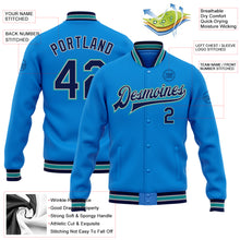 Load image into Gallery viewer, Custom Electric Blue Navy Gray-Teal Bomber Full-Snap Varsity Letterman Jacket
