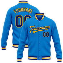 Load image into Gallery viewer, Custom Electric Blue Royal-Yellow Bomber Full-Snap Varsity Letterman Jacket
