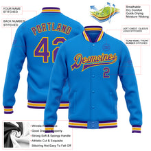 Load image into Gallery viewer, Custom Electric Blue Purple-Gold Bomber Full-Snap Varsity Letterman Jacket
