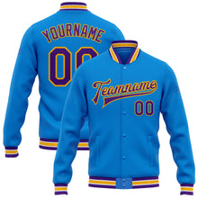 Load image into Gallery viewer, Custom Electric Blue Purple-Gold Bomber Full-Snap Varsity Letterman Jacket

