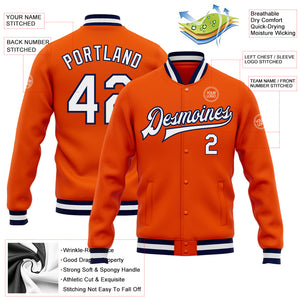 Custom Orange White-Navy Bomber Full-Snap Varsity Letterman Jacket