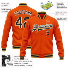 Load image into Gallery viewer, Custom Orange Black-Old Gold Bomber Full-Snap Varsity Letterman Jacket
