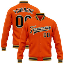 Load image into Gallery viewer, Custom Orange Black-Old Gold Bomber Full-Snap Varsity Letterman Jacket
