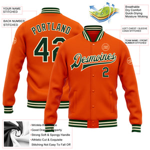 Custom Orange Green-Cream Bomber Full-Snap Varsity Letterman Jacket