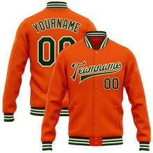 Load image into Gallery viewer, Custom Orange Green-Cream Bomber Full-Snap Varsity Letterman Jacket
