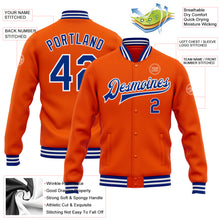 Load image into Gallery viewer, Custom Orange Royal-White Bomber Full-Snap Varsity Letterman Jacket
