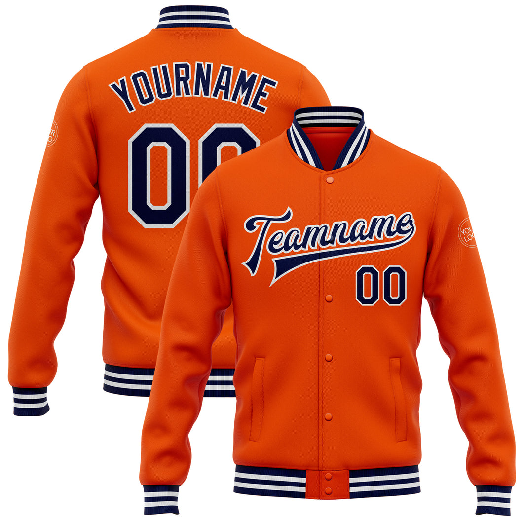 Custom Orange Navy-White Bomber Full-Snap Varsity Letterman Jacket