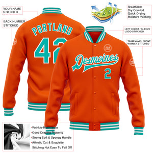 Custom Orange Aqua-White Bomber Full-Snap Varsity Letterman Jacket