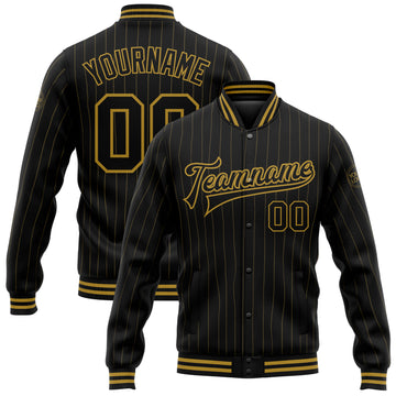 Custom Black Old Gold Pinstripe Old Gold Bomber Full-Snap Varsity Letterman Jacket