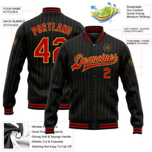 Load image into Gallery viewer, Custom Black Old Gold Pinstripe Red Bomber Full-Snap Varsity Letterman Jacket
