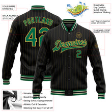 Load image into Gallery viewer, Custom Black Old Gold Pinstripe Kelly Green-Cream Bomber Full-Snap Varsity Letterman Jacket
