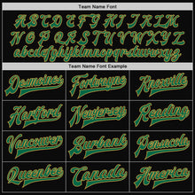 Load image into Gallery viewer, Custom Black Old Gold Pinstripe Kelly Green-Cream Bomber Full-Snap Varsity Letterman Jacket
