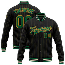 Load image into Gallery viewer, Custom Black Old Gold Pinstripe Kelly Green-Cream Bomber Full-Snap Varsity Letterman Jacket
