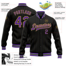 Load image into Gallery viewer, Custom Black Old Gold Pinstripe Purple-White Bomber Full-Snap Varsity Letterman Jacket
