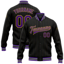 Load image into Gallery viewer, Custom Black Old Gold Pinstripe Purple-White Bomber Full-Snap Varsity Letterman Jacket
