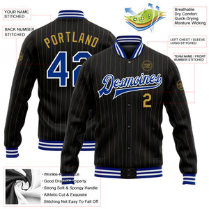 Custom Black Old Gold Pinstripe Royal-White Bomber Full-Snap Varsity Letterman Jacket