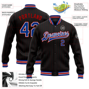 Custom Black Red Pinstripe Royal-White Bomber Full-Snap Varsity Letterman Jacket