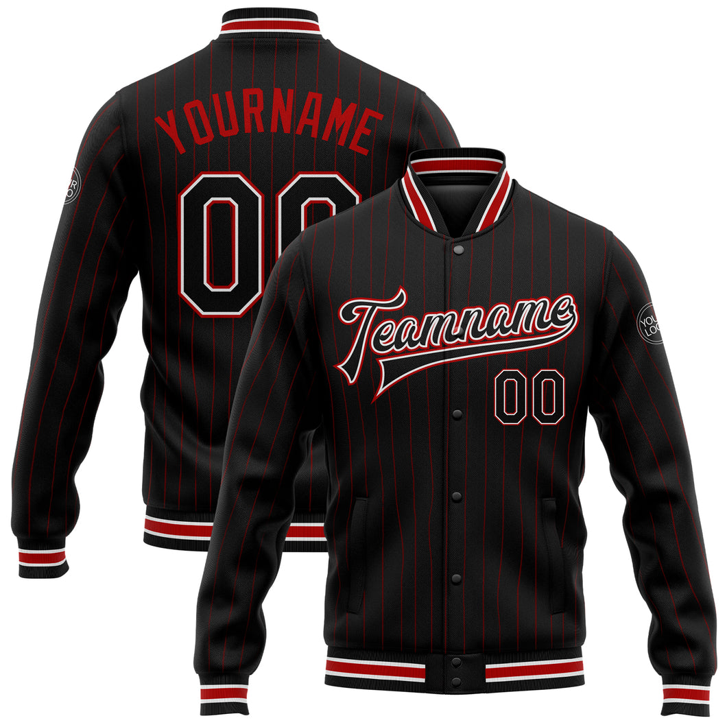 Custom Black Red Pinstripe White Bomber Full-Snap Varsity Letterman Jacket