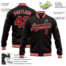 Load image into Gallery viewer, Custom Black Red Pinstripe Red-White Bomber Full-Snap Varsity Letterman Jacket
