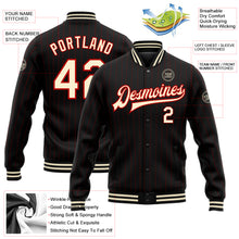 Load image into Gallery viewer, Custom Black Red Pinstripe Cream Bomber Full-Snap Varsity Letterman Jacket
