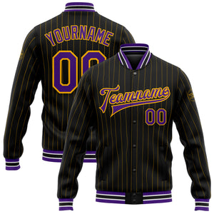 Custom Black Gold Pinstripe Purple-White Bomber Full-Snap Varsity Letterman Jacket