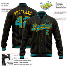 Load image into Gallery viewer, Custom Black Yellow Pinstripe Teal Bomber Full-Snap Varsity Letterman Jacket
