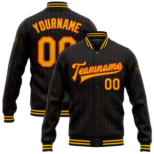 Custom Black Orange Pinstripe Gold Bomber Full-Snap Varsity Letterman Jacket