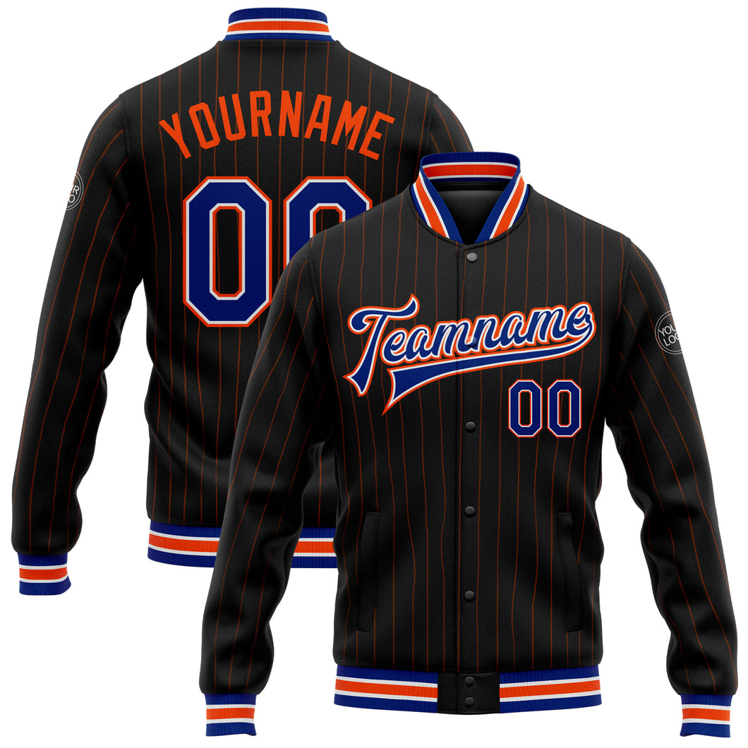 Custom Black Orange Pinstripe Royal-White Bomber Full-Snap Varsity Letterman Jacket