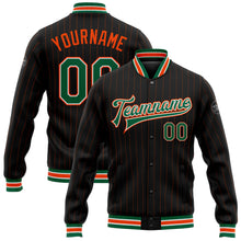 Load image into Gallery viewer, Custom Black Orange Pinstripe Kelly Green-White Bomber Full-Snap Varsity Letterman Jacket
