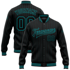 Custom Black Teal Pinstripe Teal Bomber Full-Snap Varsity Letterman Jacket