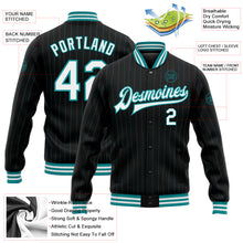 Load image into Gallery viewer, Custom Black Teal Pinstripe White Bomber Full-Snap Varsity Letterman Jacket
