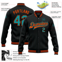 Load image into Gallery viewer, Custom Black Teal Pinstripe Orange Bomber Full-Snap Varsity Letterman Jacket
